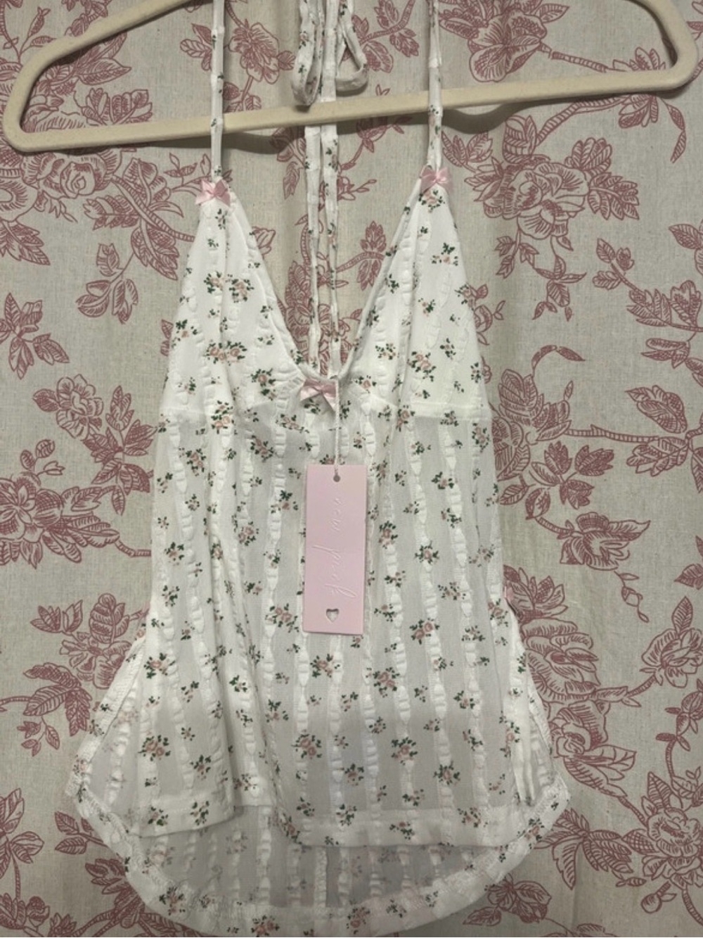 New Pink Floral Lace-Trim White & Pink Cami